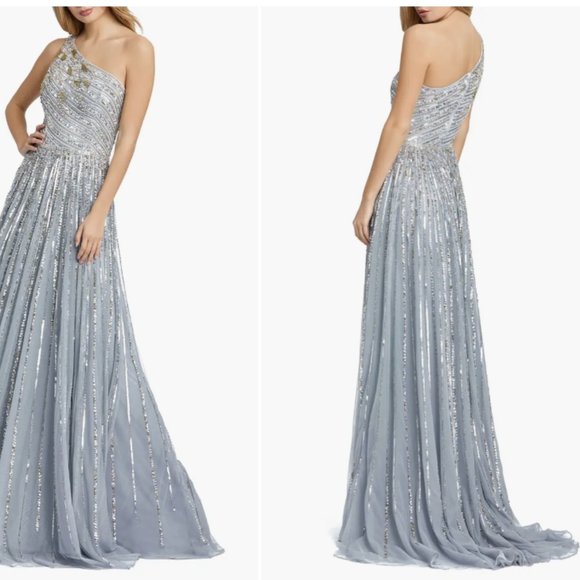 MAC DUGGAL 5220 ONE SHOULDER A-LINE PLATINUM GOWN sz 4 - Picture 2 of 6